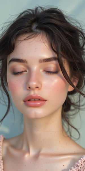 A simple, beautiful portrait of a woman with glowing skin, her face relaxed and framed by loose waves of hair, with soft ambient light falling across her face, and a light, pastel-colored background.


