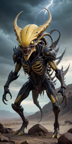 On a desolate, windswept alien landscape, a monstrous alien hybrid stalks its prey. Its body is covered in thick, leathery skin, with patches of armored plating providing additional protection. The creature moves on six powerful legs, each ending in razor-sharp claws that leave deep gouges in the rocky terrain. Its elongated head is adorned with multiple eyes that glow a menacing yellow, and its mouth is filled with rows of sharp, interlocking teeth. Along its back, a row of spiked ridges extends from its neck to its tail, which it uses to balance as it moves swiftly and silently. The alien sky is dark and stormy, with flashes of lightning illuminating the creature's terrifying form as it hunts, the wind carrying its low, guttural growls across the barren landscape.
