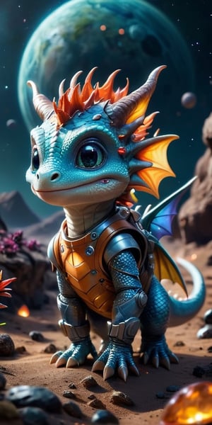 Space Adventure A baby dragon wearing a tiny spacesuit explores the surface of a mysterious planet. Behind it, a spaceship hovers, ready to take off. The dragon's curiosity is evident as it examines strange, glowing rocks and alien plants.