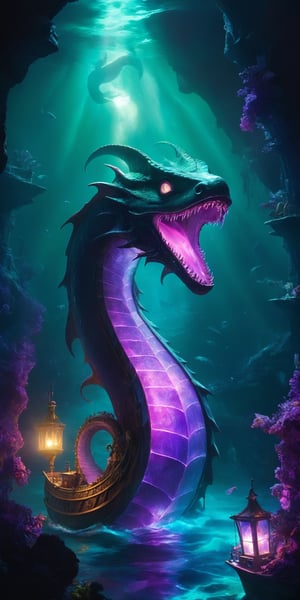 A luminescent sea serpent with scales that shimmer like amethysts coils around a sunken galleon, its bioluminescent light illuminating the treasures within. Ghostly pirates peer out from portholes, their expressions a mix of awe and fear.

