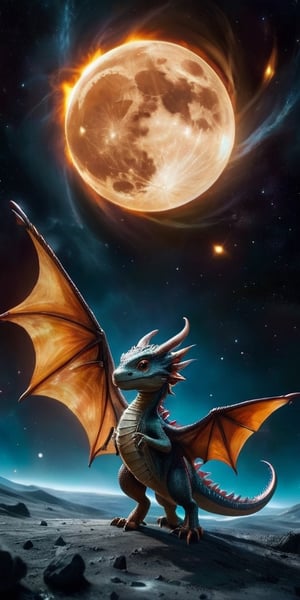 First Flight A baby dragon takes its first flight over a moon’s surface, with a magnificent gas giant dominating the sky. Its wings spread wide, catching the light from the planet’s rings, creating a majestic, awe-inspiring sight.