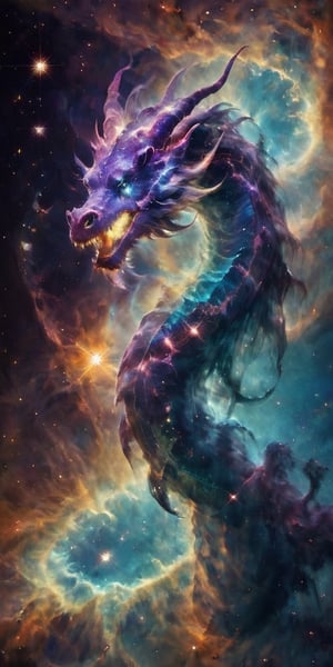 A celestial dragon, its body a tapestry of cosmic colors, adorned with glowing constellations that seem to dance across its scales. It coils around a glowing comet, its serpentine form framed by the vastness of space, with distant galaxies and nebulae painting a breathtaking backdrop.
