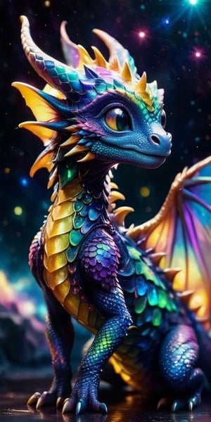 Floating Amongst the Stars A baby dragon with iridescent, cosmic-patterned scales drifts gracefully in the vacuum of space. Its eyes sparkle with stardust, and its tiny claws reach out toward a nearby planet's ring system, bathed in the light of a distant sun.