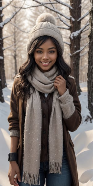 Frosted Wonderland A Black woman with a warm smile and a woolen scarf wrapped around her neck stands in a snow-covered forest. Sunlight glistens on the frost-laden trees, and a gentle snowfall creates a peaceful and serene atmosphere.
 
