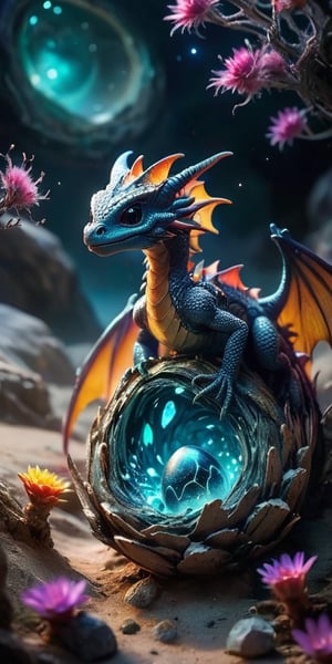 Hatchling in an Alien Nest On a barren moon's surface, a baby dragon emerges from an egg nestled in an alien nest made of glowing crystals and extraterrestrial flora. The dragon's scales reflect the light of the nearby gas giant, creating a mesmerizing display.