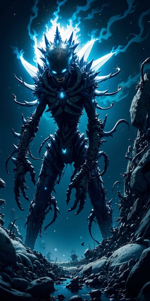 A biomechanical alien-monster hybrid, covered in sharp exoskeletons and glowing with an eerie blue light, slithering through the remains of a destroyed spaceship in the blackness of space.,Anime Style