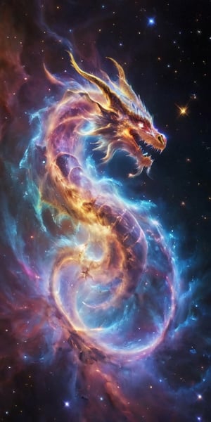 A cosmic dragon, its body a swirling vortex of stars and galaxies, with nebulae glowing softly within its translucent wings. It roars silently into the void, a beacon of majestic power and otherworldly beauty in the infinite expanse of space.
