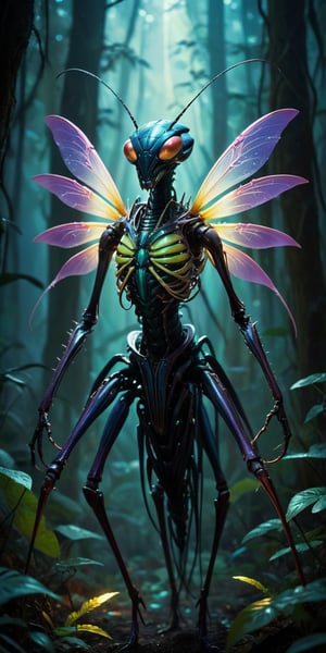 Lurking Fiend A spindly, insectoid creature with elongated limbs ending in sharp, blade-like claws. Its head resembles that of a praying mantis, but with multiple rows of needle-like teeth. Its exoskeleton is iridescent, shifting colors in the dim light. The scene is set in a dark, alien forest filled with glowing, bioluminescent plants.
