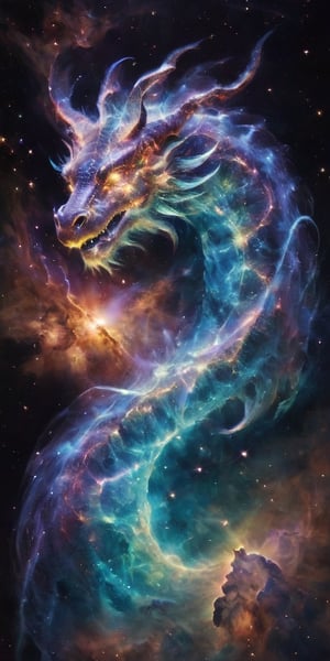 A celestial dragon, its body a tapestry of cosmic colors, adorned with glowing constellations that seem to dance across its scales. It coils around a glowing comet, its serpentine form framed by the vastness of space, with distant galaxies and nebulae painting a breathtaking backdrop.
