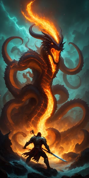 A lone warrior, their armor forged from starlight, charges into battle against a monstrous hydra with multiple glowing eyes. The clash of their weapons shakes the earth, and the warrior's unwavering spirit burns brighter than the hydra's fiery breath.
