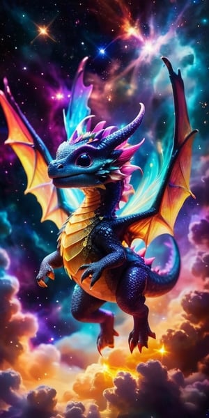 Playful Dragon in a Nebula A playful baby dragon with wings like butterfly wings made of stardust flies through a vibrant nebula. Its body glows with an ethereal light as it weaves through the colorful gas clouds and twinkling stars.