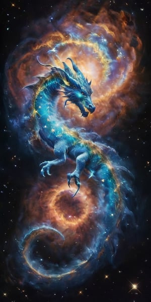 A celestial dragon, its body a tapestry of cosmic colors, adorned with glowing constellations that seem to dance across its scales. It coils around a glowing comet, its serpentine form framed by the vastness of space, with distant galaxies and nebulae painting a breathtaking backdrop.
