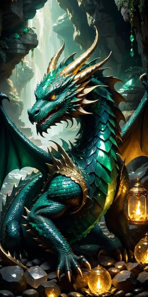 A majestic dragon with emerald-green scales lying protectively over a hoard of treasures in a dimly lit cavern. The gems and gold reflect its fierce beauty, while the shadows and flickering torchlight hint at the peril of approaching such a creature."
