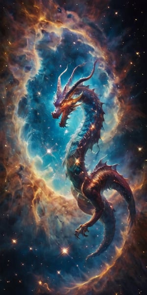 A celestial dragon, its body a tapestry of cosmic colors, adorned with glowing constellations that seem to dance across its scales. It coils around a glowing comet, its serpentine form framed by the vastness of space, with distant galaxies and nebulae painting a breathtaking backdrop.
