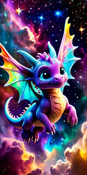 Playful Dragon in a Nebula A playful baby dragon with wings like butterfly wings made of stardust flies through a vibrant nebula. Its body glows with an ethereal light as it weaves through the colorful gas clouds and twinkling stars.
