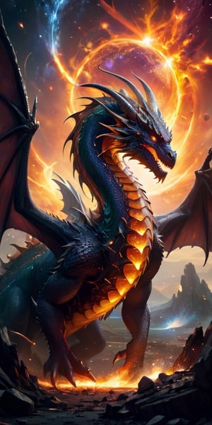  A majestic dragon with a body covered in scales that look like fragments of ancient, shattered planets, giving it a rugged, primordial appearance. Its wings are vast and segmented, each segment glowing with a soft, pulsing light. The dragon glides effortlessly through a field of cosmic debris, with the remains of destroyed worlds floating around it. In the distance, the light of a red giant star casts a warm, eerie glow over the scene, highlighting the dragon's ancient and powerful presence.
