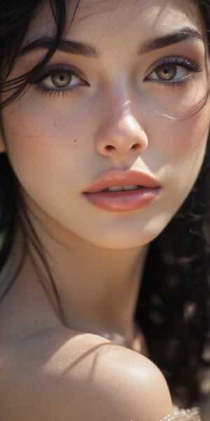 Close-up of a woman with minimalistic beauty, soft brown eyes, delicate facial features, and loose hair falling over her shoulders, a light breeze slightly moving her hair, with a calm expression.


