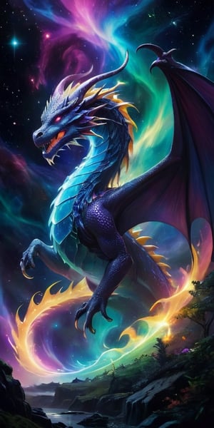 An astral dragon, its body a luminous, ever-changing tapestry of colors, like a living aurora. It flies through a field of shimmering starlight, its form blending with the cosmic energies around it. Its presence is mesmerizing and enchanting, a true marvel of the cosmos.

