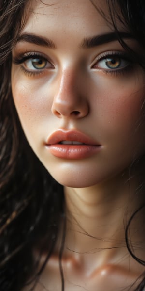 Close-up of a woman with minimalistic beauty, soft brown eyes, delicate facial features, and loose hair falling over her shoulders, a light breeze slightly moving her hair, with a calm expression.


