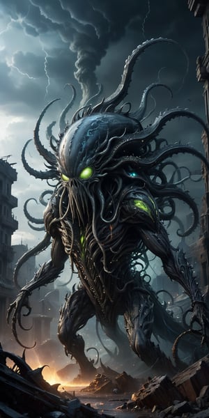 Vortex Spawn A creature with a swirling, tornado-like lower body and a torso covered in sharp, crystalline spikes. Its head is a writhing mass of tentacles, each tipped with a glowing eye. Its skin is a dark, stormy gray. The background features a devastated alien city, with ruins and debris scattered everywhere.
