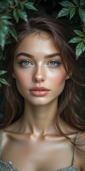 Portrait of a woman with delicate beauty, softly defined features, her long hair parted to the side, no makeup, and her expression calm and relaxed, the background a blur of green foliage.


