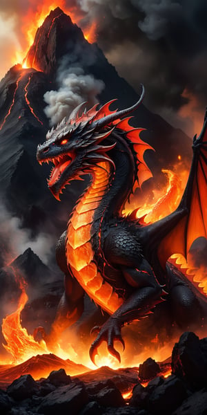 A fiery dragon with lava-red scales emerging from a volcano's mouth. The intense heat and molten rock accentuate its fierce beauty, while the smoke and ash create an aura of impending doom.
