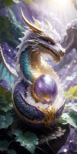 Create a close-up image of a baby amethyst dragon hatching from its egg. Capture the drama of the moment with intricate cracks spreading across the egg's surface, revealing the violet scales of the dragon beneath. Include shimmering dust particles swirling around the eggshell, and depict a gentle breeze rustling nearby leaves, creating a sense of anticipation as the new life emerges.
, 