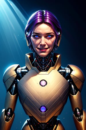 Robot, human like robot, cybernetic, standing near destroyed building , 30 year old man, black suit purple lighting, half
Human, half robot ,25D_Loras,no_humans,Detailedface, blue_eyes, gold hair, shining black armour, smiling face