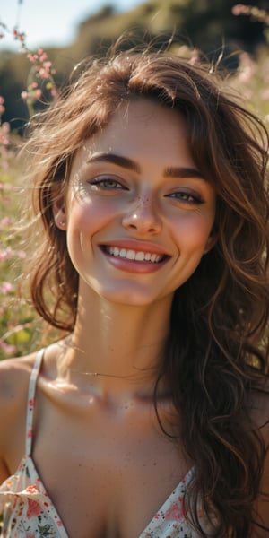 A portrait of a woman with radiant natural beauty, her face illuminated by soft sunlight, loose curls framing her face, no visible makeup, and a background of light bokeh with nature tones.