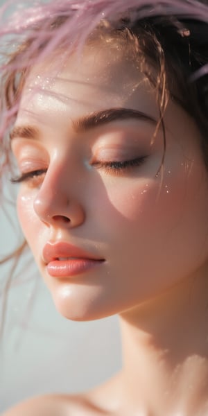 A simple, beautiful portrait of a woman with glowing skin, her face relaxed and framed by loose waves of hair, with soft ambient light falling across her face, and a light, pastel-colored background.


