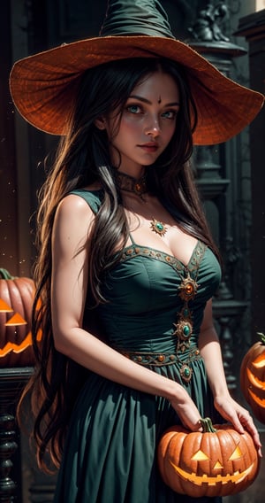 masterpiece,{{{best quality}}},(illustration)),{{{extremely detailed CG unity 8k ,Brilliant light,cinematic lighting,long_focus, indian, Women, Indian face (medium_breasts)High detailed, longhair, ghost in background , long hair ,looking_at_viewer,Halloween costume, midnight ,(Halloween:1.2),Halloween, green dress ,data-space,demonictech