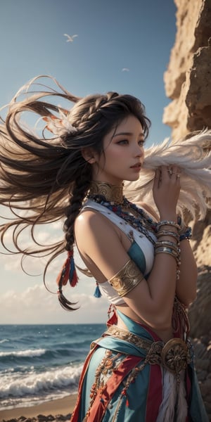 Whispers of the Wind An Indigenous woman with wind-streaked braids, adorned with feathers and beads, stands tall on a windswept cliff overlooking a vast ocean. The wind whispers through her hair, carrying the scent of salt and the secrets of the sea.
 
