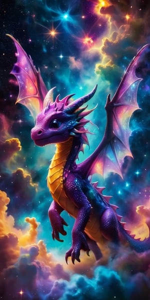 Playful Dragon in a Nebula A playful baby dragon with wings like butterfly wings made of stardust flies through a vibrant nebula. Its body glows with an ethereal light as it weaves through the colorful gas clouds and twinkling stars.