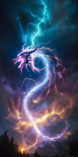 A dragon of pure energy, its body crackling with lightning-like tendrils of light that arc and twist around its sleek form. It flies through a field of shimmering auroras, its presence seemingly causing the lights to intensify, creating a stunning display of color and motion in the night sky.
