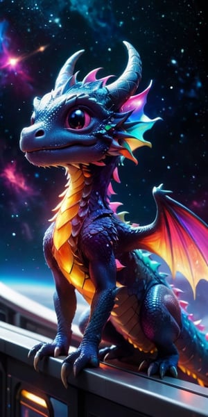 Baby Dragon on a Space Station Balcony A majestic baby dragon with shimmering scales stands on a balcony of a futuristic space station, gazing at the vast expanse of stars and colorful nebulae. Its wings are slightly spread, catching the glow of distant galaxies.