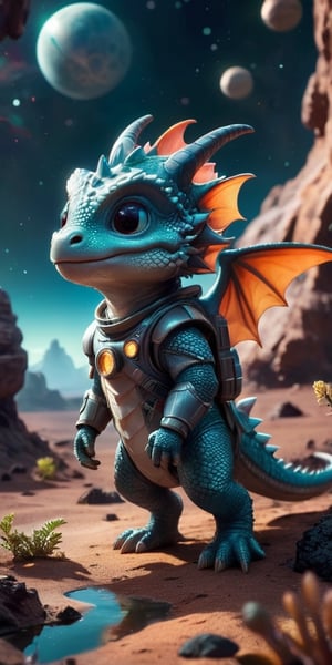 Space Adventure A baby dragon wearing a tiny spacesuit explores the surface of a mysterious planet. Behind it, a spaceship hovers, ready to take off. The dragon's curiosity is evident as it examines strange, glowing rocks and alien plants.
