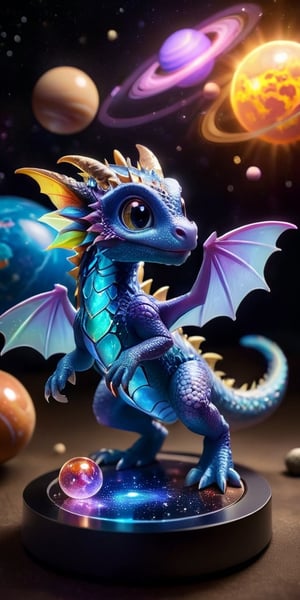 Galactic Playmate A baby dragon plays with a floating holographic projection of the solar system, swatting at the miniature planets and stars. The holographic lights cast a soft glow on its scales, making it look like a creature born of the stars themselves.