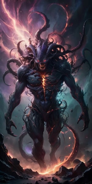 The Interdimensional Devourer From a rift between realities, a nightmarish being steps through. Its form is a twisted amalgamation of flesh and machinery, with tendrils of energy crackling around it. It emits a low, menacing hum that resonates with the very fabric of spacetime.
