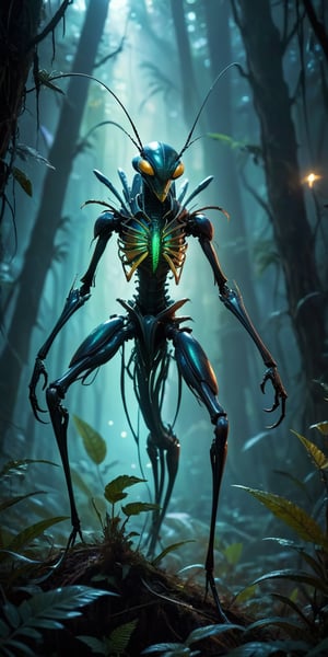 Lurking Fiend A spindly, insectoid creature with elongated limbs ending in sharp, blade-like claws. Its head resembles that of a praying mantis, but with multiple rows of needle-like teeth. Its exoskeleton is iridescent, shifting colors in the dim light. The scene is set in a dark, alien forest filled with glowing, bioluminescent plants.
