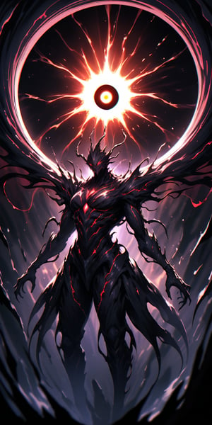 Voidborn Aberration A monstrous alien entity composed of dark, shadowy tendrils and shifting forms, with a single, giant eye at its centre. It drifts ominously near a black hole, absorbing the surrounding light and energy.
