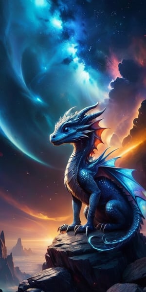 Celestial Guardians A baby dragon perches on a small asteroid, watching over a distant planet with an atmosphere filled with swirling auroras. Its scales are a deep, metallic blue, and its eyes reflect the planet's shimmering beauty.