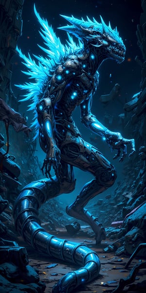 A biomechanical alien-monster hybrid, covered in sharp exoskeletons and glowing with an eerie blue light, slithering through the remains of a destroyed spaceship in the blackness of space.,Anime Style