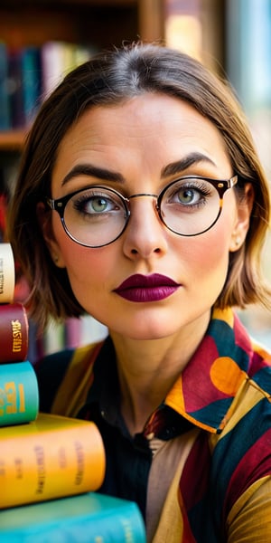 A close-up portrait of a woman with large, round glasses perched on her nose. Her eyes sparkle with intelligence and her lips are pursed in concentration. The background is a bookshelf overflowing with colorful books.
