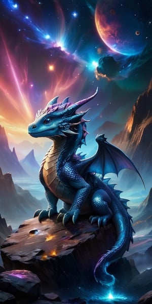 Celestial Guardians A baby dragon perches on a small asteroid, watching over a distant planet with an atmosphere filled with swirling auroras. Its scales are a deep, metallic blue, and its eyes reflect the planet's shimmering beauty.