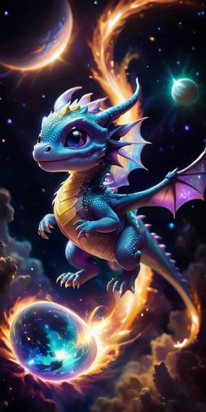 Floating Amongst the Stars A baby dragon with iridescent, cosmic-patterned scales drifts gracefully in the vacuum of space. Its eyes sparkle with stardust, and its tiny claws reach out toward a nearby planet's ring system, bathed in the light of a distant sun.