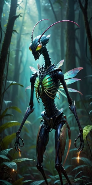 Lurking Fiend A spindly, insectoid creature with elongated limbs ending in sharp, blade-like claws. Its head resembles that of a praying mantis, but with multiple rows of needle-like teeth. Its exoskeleton is iridescent, shifting colors in the dim light. The scene is set in a dark, alien forest filled with glowing, bioluminescent plants.
