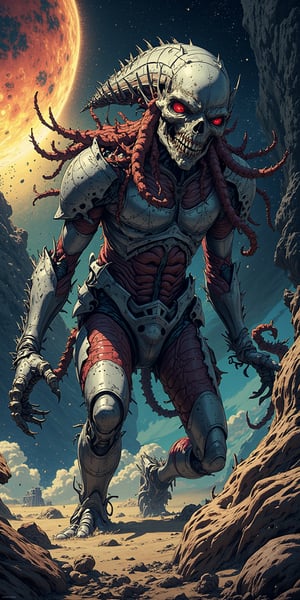 A colossal alien creature with metallic armor fused into its grotesque body, tearing apart a space station with tentacles wrapped in spiked bone, against a backdrop of a dying star.
Anime Style