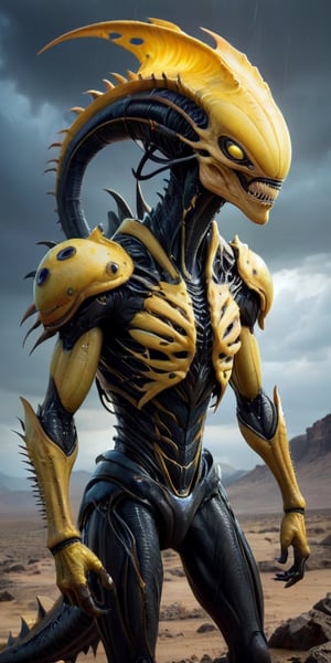 On a desolate, windswept alien landscape, a monstrous alien hybrid stalks its prey. Its body is covered in thick, leathery skin, with patches of armored plating providing additional protection. The creature moves on six powerful legs, each ending in razor-sharp claws that leave deep gouges in the rocky terrain. Its elongated head is adorned with multiple eyes that glow a menacing yellow, and its mouth is filled with rows of sharp, interlocking teeth. Along its back, a row of spiked ridges extends from its neck to its tail, which it uses to balance as it moves swiftly and silently. The alien sky is dark and stormy, with flashes of lightning illuminating the creature's terrifying form as it hunts, the wind carrying its low, guttural growls across the barren landscape.
