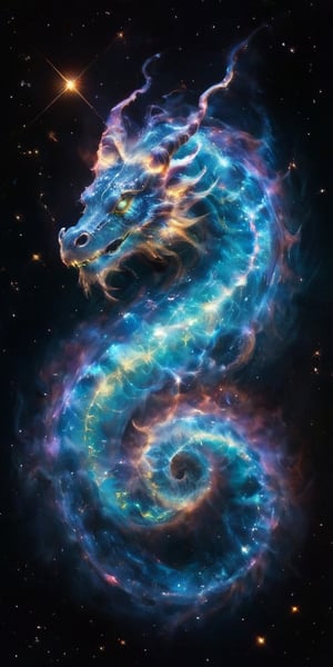 A celestial dragon, its body a tapestry of cosmic colors, adorned with glowing constellations that seem to dance across its scales. It coils around a glowing comet, its serpentine form framed by the vastness of space, with distant galaxies and nebulae painting a breathtaking backdrop.
