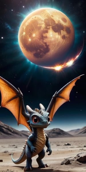 First Flight A baby dragon takes its first flight over a moon’s surface, with a magnificent gas giant dominating the sky. Its wings spread wide, catching the light from the planet’s rings, creating a majestic, awe-inspiring sight.